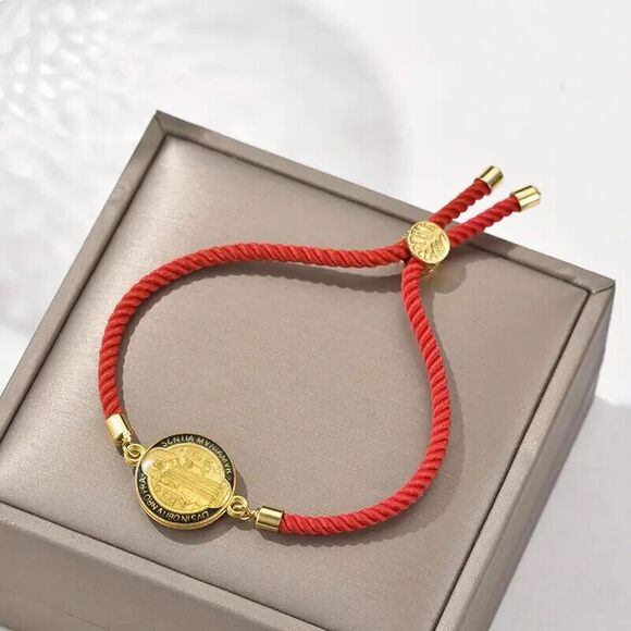 St. Benedict St. Jude Medal Adjustable Hand-woven String Red Bracelet Protection - Picture 3 of 6
